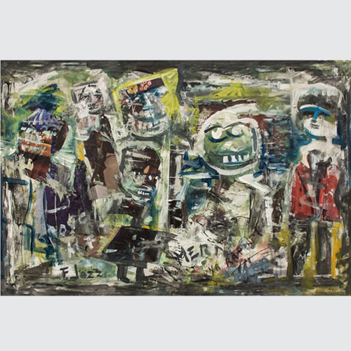 Merd: una rapina! collage e olio su tela Jozzi