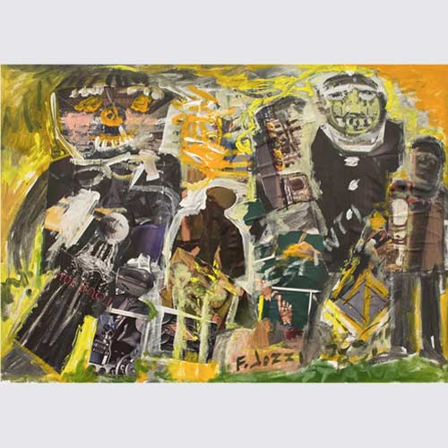 Estinti, collage e olio su tela Jozzi
