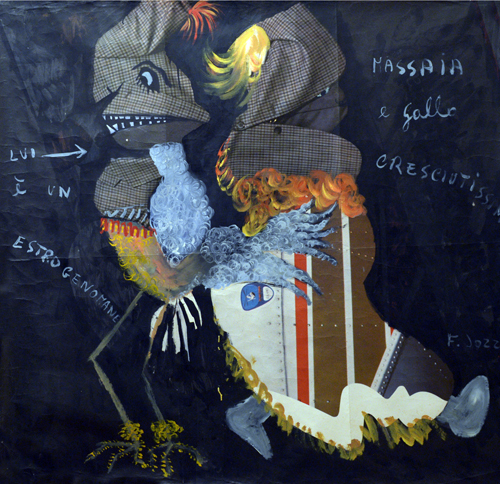 Surrealismo Espressionista Jozzi, l'estrogenomane, olio su manifesto pubblicitario, arte contemporanea, arte in causa, artista contemporaneo