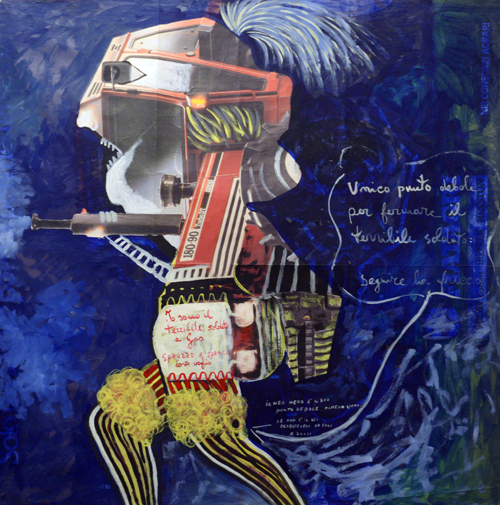 Surrealismo Espressionista Jozzi, Il soldato a gas, olio su manifesto pubblicitario, arte contemporanea, arte in causa, artista contemporaneo