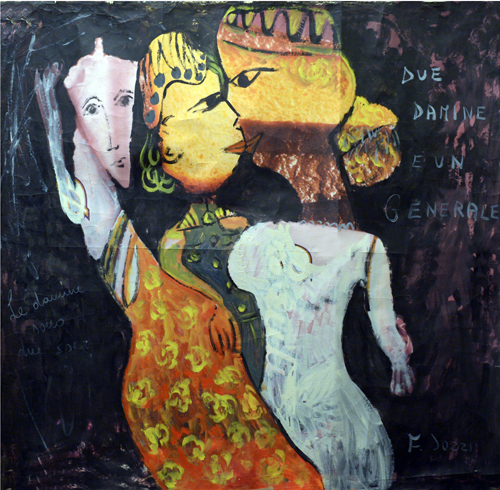 Surrealismo Espressionista Jozzi, Due damine ed un generale, olio su manifesto pubblicitario, arte contemporanea, arte in causa, artista contemporaneo