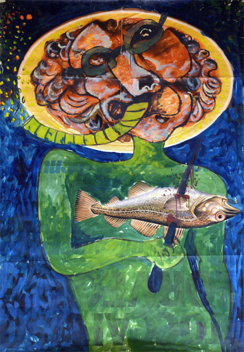 Surrealismo Espressionista Jozzi, Il truce pescatore, olio su manifesto pubblicitario, arte contemporanea, arte in causa, artista contemporaneo