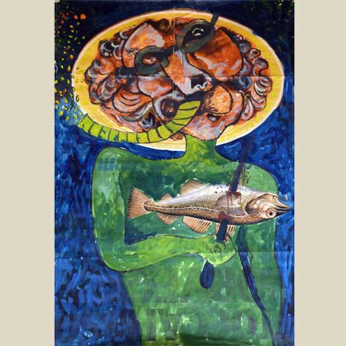 Il truce pescatore, olio su manifesto pubblicitario, Arte in Causa, Jozzi